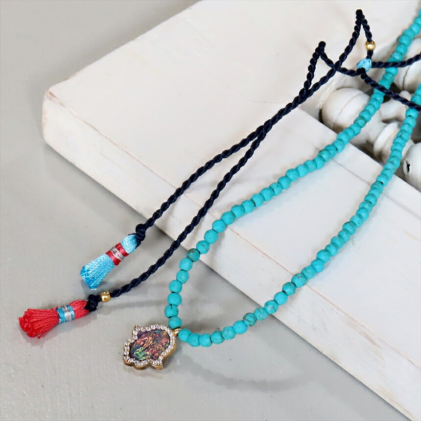 Turquoise - 天然石＆シルバーペンダント・ファティマの手モチーフ/カラータッセル付き アルサメイア　トルコジュエリー