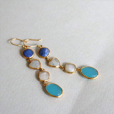 4粒の天然石ドロップロングピアス ラピス&ムーンストーン&ブルーカルセドニーArsameia, 22k goldplated earring, Turkish Jewelry