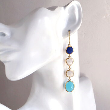 4粒の天然石ドロップロングピアス ラピス&ムーンストーン&ブルーカルセドニーArsameia, 22k goldplated earring, Turkish Jewelry