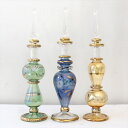 ガラス エジプト香水瓶 3本セット　クレオパトラ　Egyptian Perfume Bottle商品番号eg6761サイズ　12cm/ 12cm/ 12cmcm素　材ガラス産　地エジプト　カイロアラビアンな輝きの香水瓶。約12cmの高さのミニサイズ3本セットです。エジプトのカイロにて職人さんが一つ一つ手作りで作っているので、カラーやデザインのバリエーションも様々です。切子細工で表現された草花モチーフやゴールドの着彩、フリル状のガラスなど小さいながらも職人さんの技が光っています。実際に香水瓶として使うこともできますが、密閉性が低いので、置物・飾り・一輪挿しなどとしてお楽しみください。※箱はついていません。エアキャップで包んでお届けします。Egyptian purfume bottle, Aroma pot, glass bottle, Arabian night, Cairo, khan khalili, ガラス香水瓶・エジプト香水瓶・涙壺, エジプトガラス・エジプト・お土産・カイロ・ハンハリーリ, ガラス工芸・アロマポット・エジプト・ハンドメイド・カイロ・香油・乳香, ハーバリウムボトル