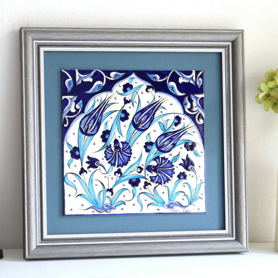 トルコ陶器 手書きタイル 1枚額 H31×W31×D2.5cm チューリップ＆カーネーション Turkish Hand Paint Tile