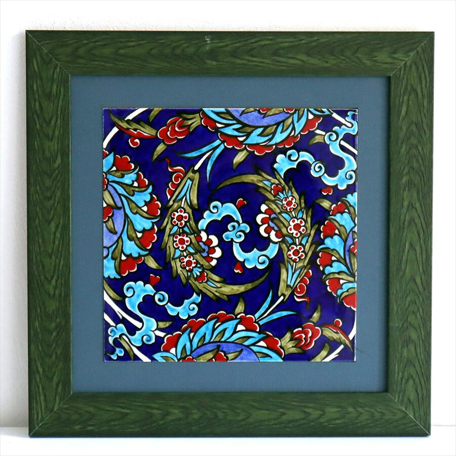 トルコ陶器 手書きタイル 1枚額 H32×W32×D1.5cm フラワーデザイン Turkish Hand Paint Tile
