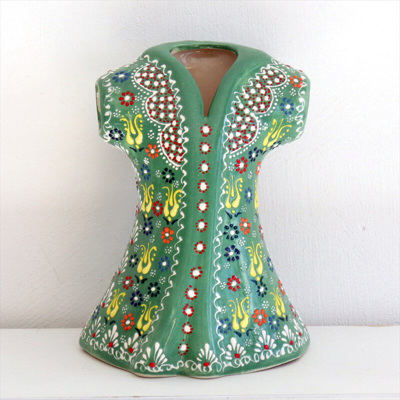 トルコ陶器 伝統衣装カフタン Mサイズ H22×W16×D12cm フラワーデザイン グリーン [2]