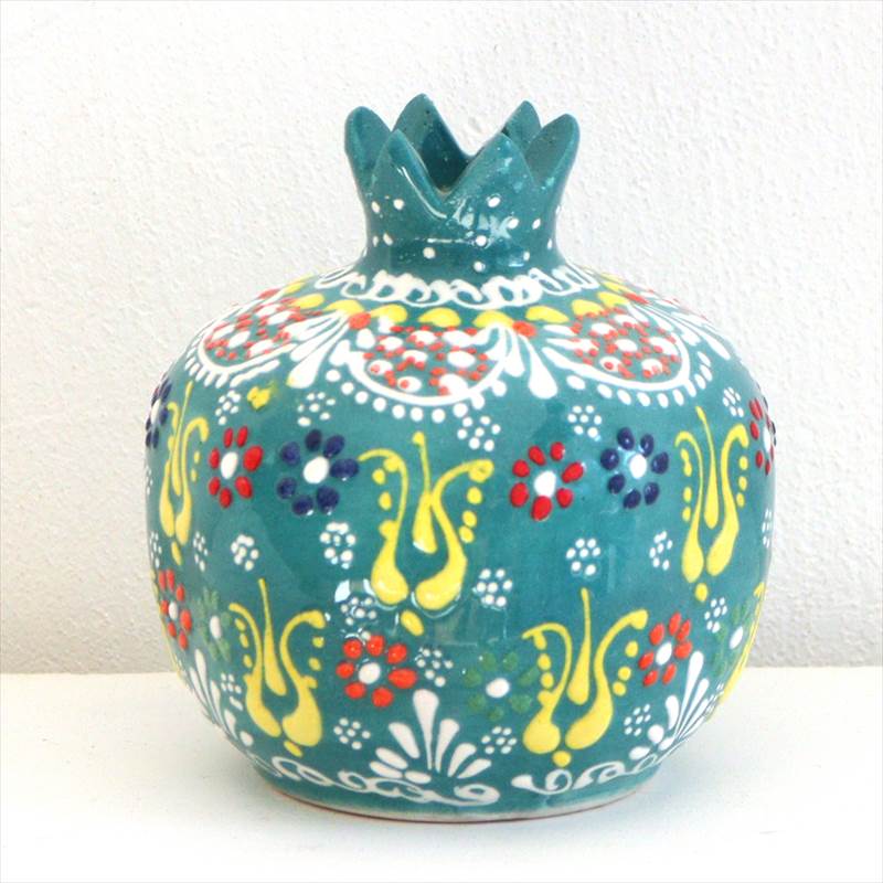 【15%OFFクーポン対象品】トルコ陶器 ザクロ Mサイズ 高さ9.5×直径8.5cm フラワーデザイン エメラルドグリーン [2]