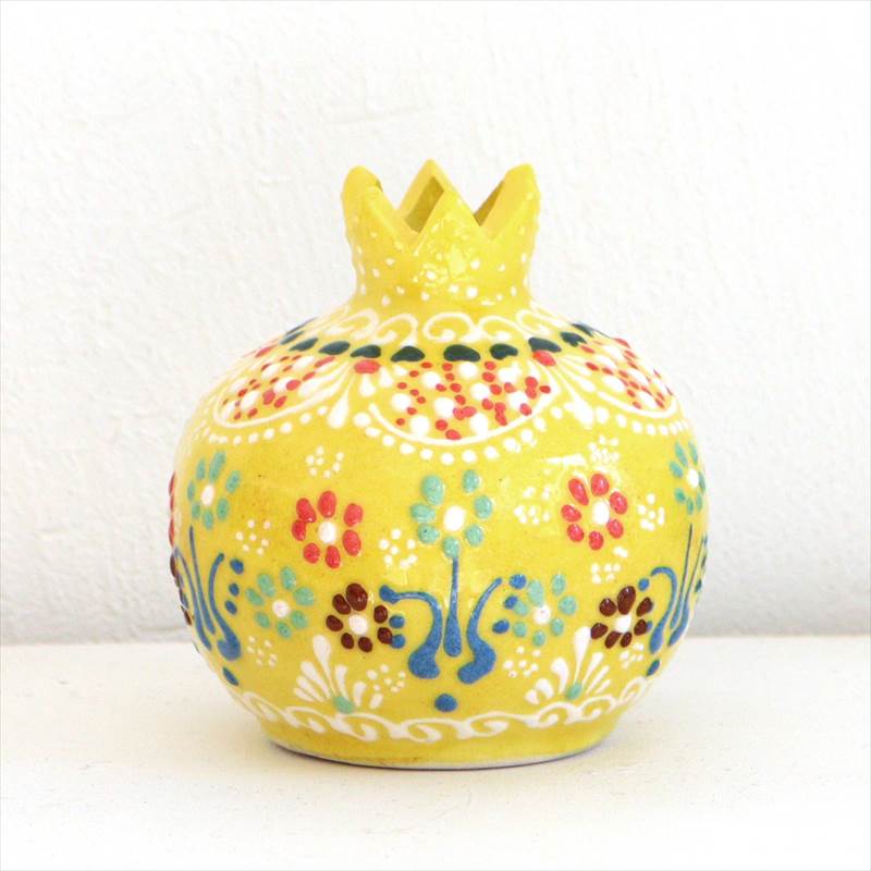 【15%OFFクーポン対象品】トルコ陶器 ザクロ Sサイズ 高さ8×直径7.5cm フラワーデザイン イエロー [2]