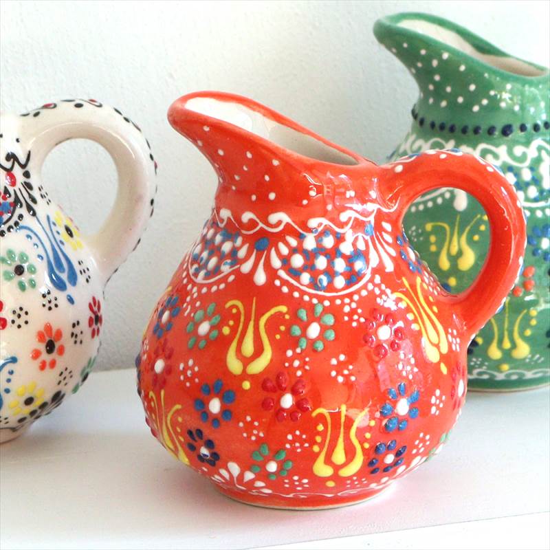 【15%OFFクーポン対象】トルコ陶器 ミルクピッチャー 花瓶 高さ10×直径10cm フラワーデザイン オレンジ