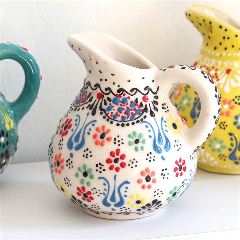 摆饰 - トルコ陶器 ミルクピッチャー 花瓶 高さ10×直径10cm フラワーデザイン ホワイト