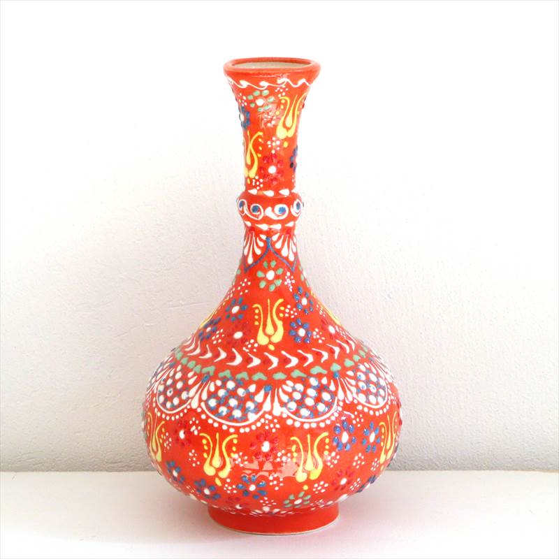 トルコ陶器 花瓶 一輪挿し フラワーベース 高さ20×直径12cm フラワーデザイン オレンジ [3]