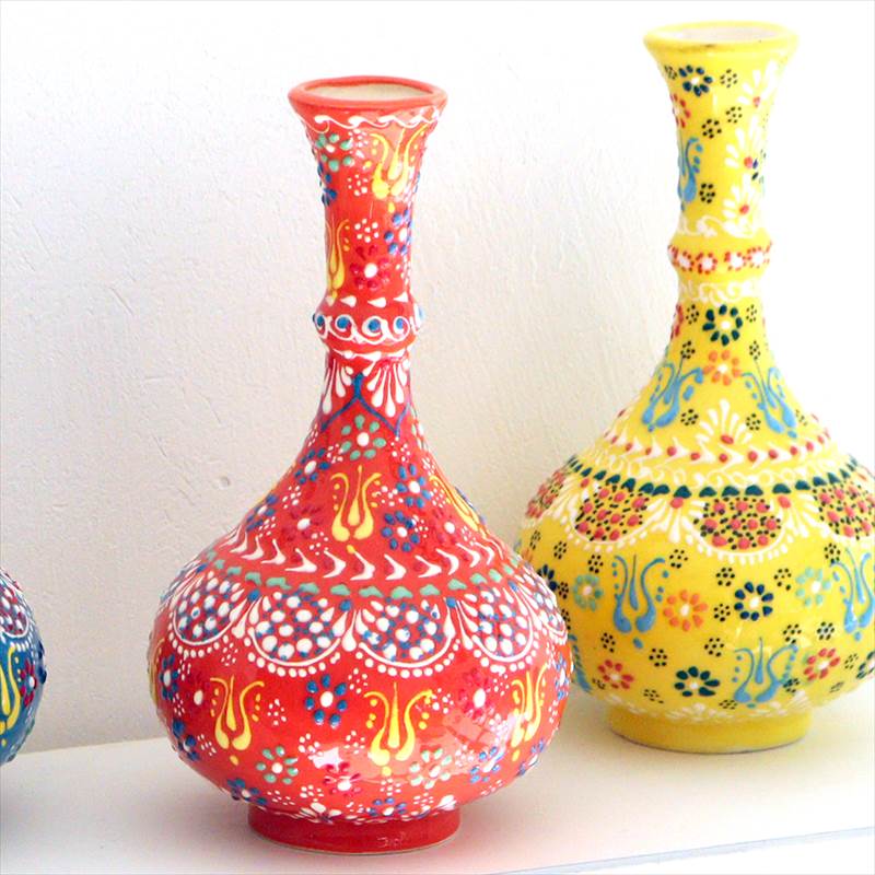 【15%OFFクーポン対象】トルコ陶器 花瓶 一輪挿し フラワーベース 高さ20×直径12cm フラワーデザイン オレンジ