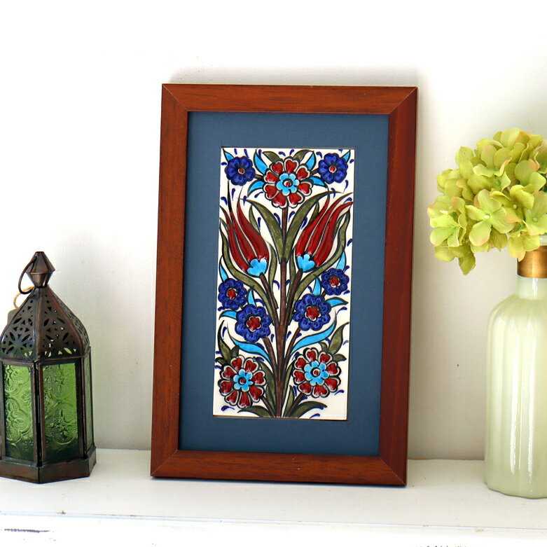 手書きタイル トルコ陶器 ミニタイル1枚額 H29×W19×D1.5cm チューリップ＆カーネーション Turkish Hand Paint Tile
