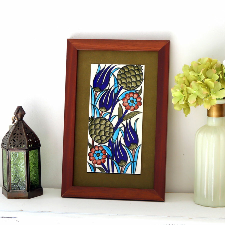 手書きタイル トルコ陶器 ミニタイル1枚額 H29×W19×D1.5cm チューリップ＆アーチチョークのような花 Turkish Hand Paint Tile