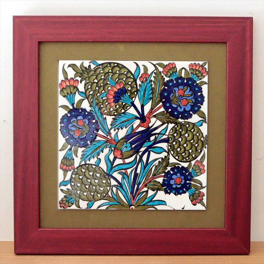 手書きタイル トルコ陶器 1枚額 H32×W32×D1.5cm アーチチョークのような花 Turkish Hand Paint Tile 【OUTLET・難あり】