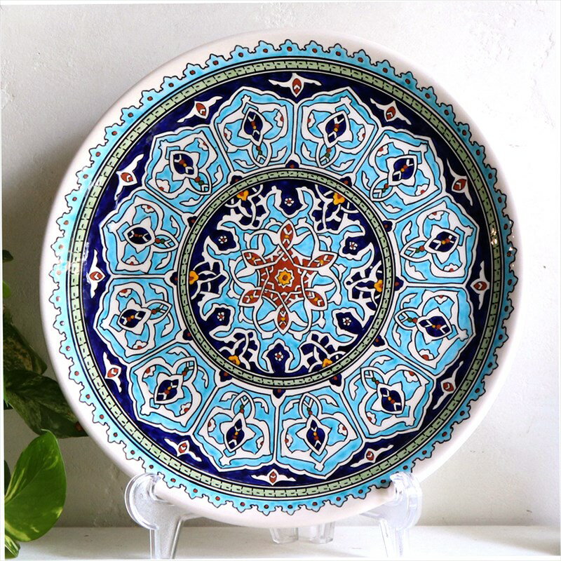 トルコ陶器飾り皿 直径30cmプレート キュタフヤ・アルハンブラ工房 ブルー・アラベスクデザイン