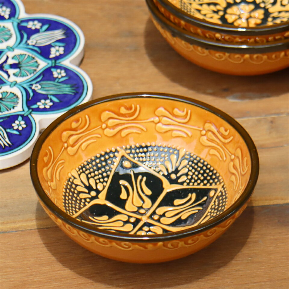 【15%OFFクーポン対象品】トルコ製ボウル (手書きキュタフヤ陶器) φ12cm フィルゼ イエロー