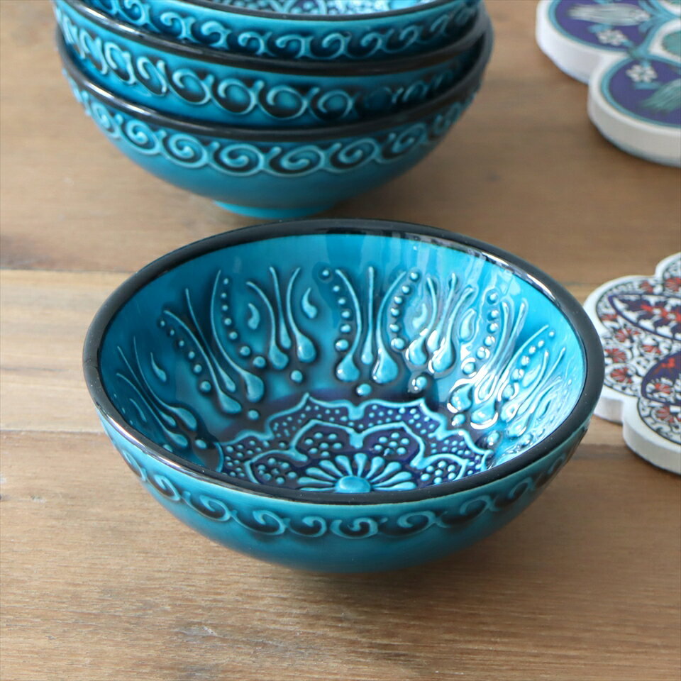 【15%OFFクーポン対象品】トルコ製ボウル (手書きキュタフヤ陶器) φ12cm フィルゼ イエシル