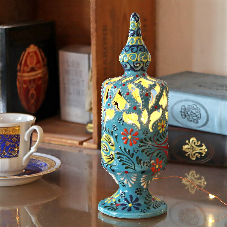 【15%OFFクーポン対象品】陶器のキャンドルホルダー H22.5cm ブルー トルコ製 キュタフヤ陶器 1