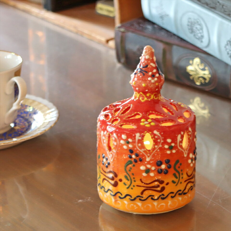 【15%OFFクーポン対象品】陶器のキャンドルホルダー H15cm オレンジ トルコ製 キュタフヤ陶器 1