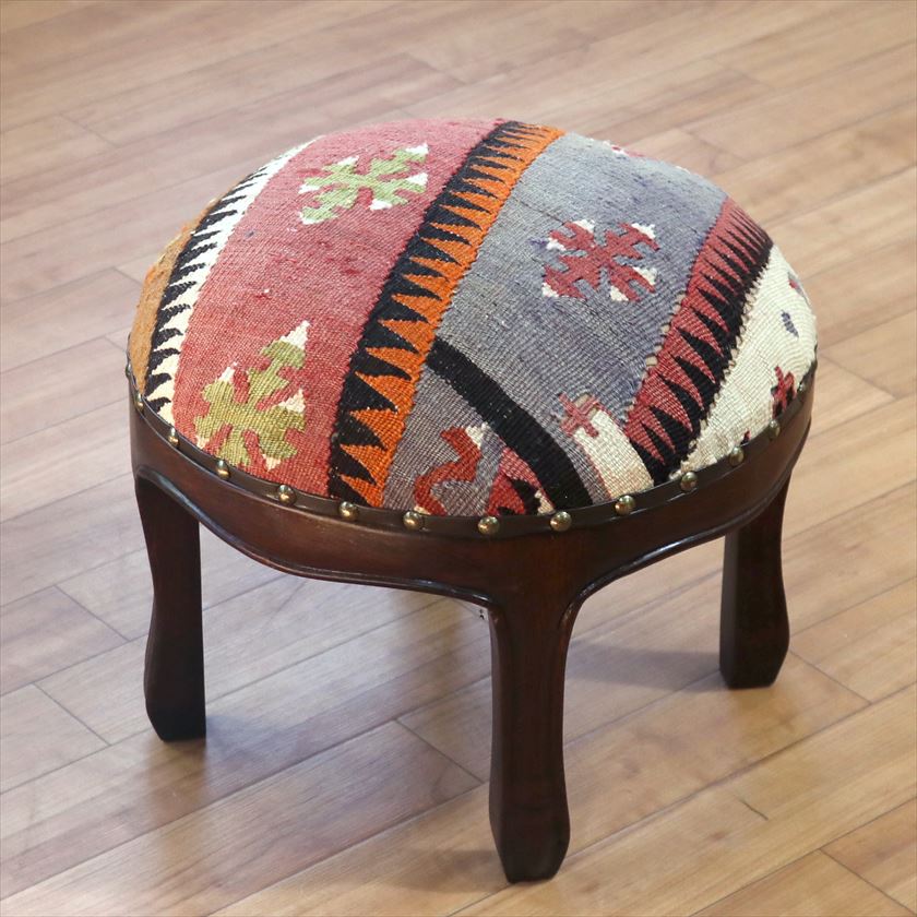 オールドキリムスツール 直径35×H29cm ラウンド アダナ キリム木製家具・スツール・オットマン old kilim stool ottman wood furniture