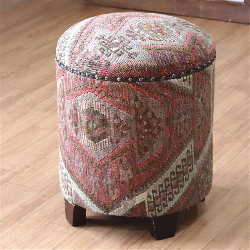 オールドキリム木製家具 スツール 円柱形 Kilim Stool Cylinder シワス/狼の足跡のモチーフ