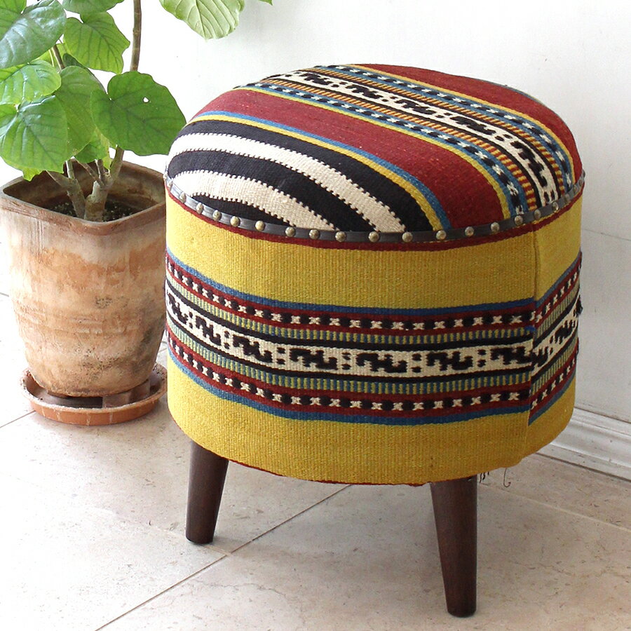 オールドキリムの木製家具スツール・円柱形 (Kilim Stool Cylinder) 直径42cm×高さ48cm