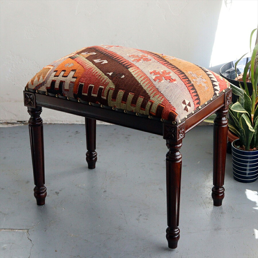 オールドキリムベンチスツール H52×W54×D35cm オールドキリム木製家具 シワス old kilim wood furniture stool bench