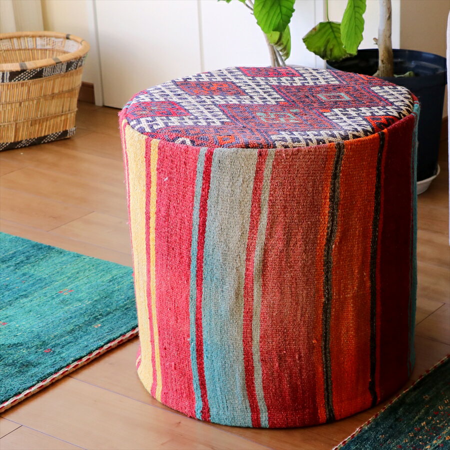 オールドキリムプフ・シリンダー Old Kilim Pouf Cylinder カラフルボーダー・プフクッション・オットマンプフ【中綿別売り】