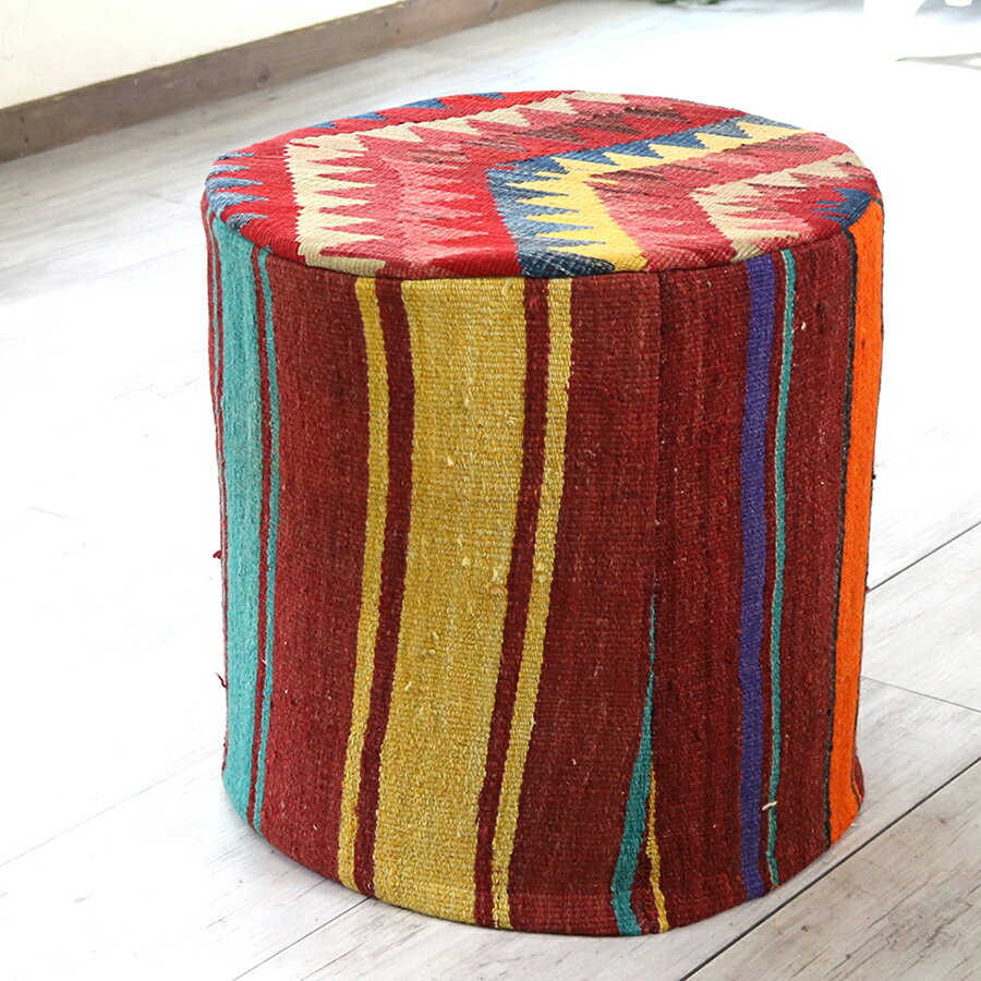 オールドキリムプフ・シリンダー Old Kilim Pouf Cylinder カラフルボーダー・プフクッション・オットマンプフ【中綿別売り】