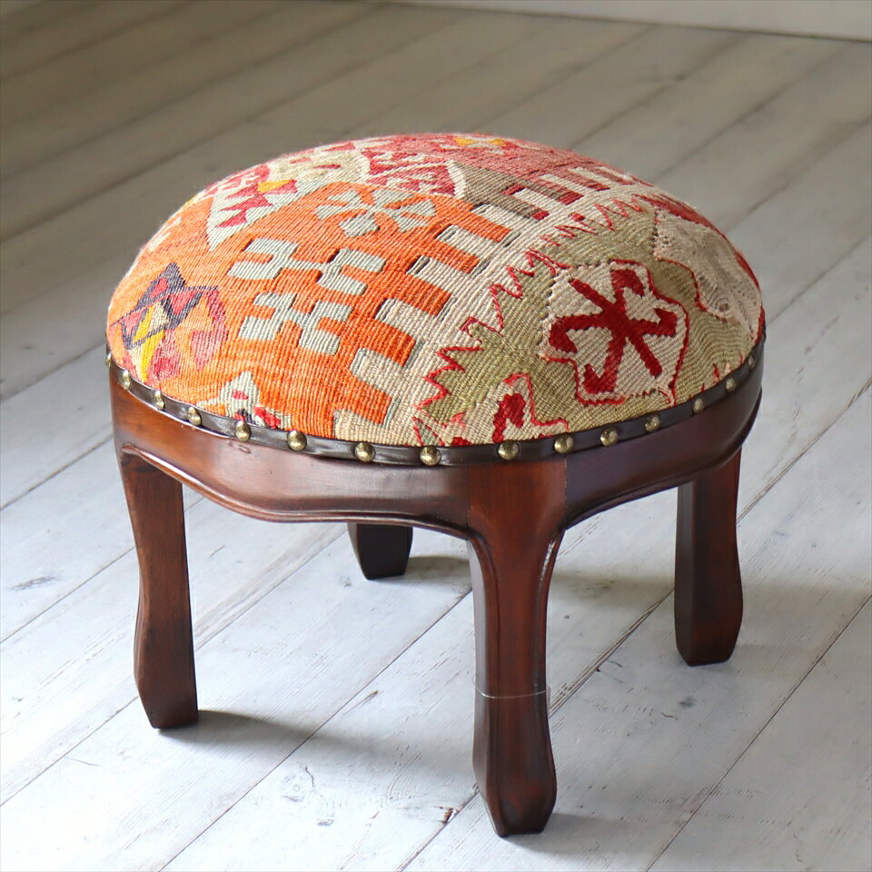 オールドキリムスツール 直径35cm×H29cm ラウンドサイズ キリム木製家具・スツール・オットマン old kilim stool ottman wood furniture