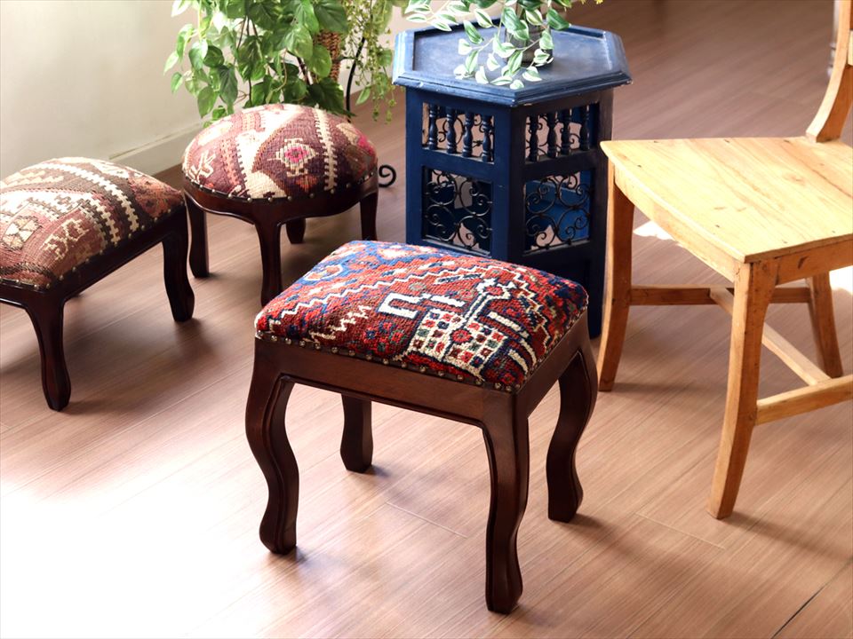 【15%OFFクーポン対象】アンティークラグ木製家具 H41×W38×D28cm スツール オットマン レクタングル antique rug stool ottman rectangle