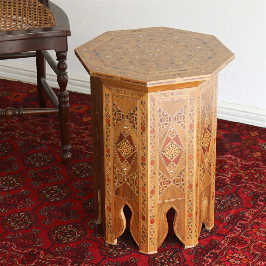 シリア製寄木細工の木製サイドテーブル W41xH50.5xD41cm Syrian Mosaic Furniture Octagon Table 【OUTLET・難あり】