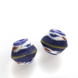 ガーナ・アナンシビーズ（再生ガラスビーズ）　ブルー・レッド・ホワイトマーブル/2粒　 African glass anansi beads, GAHANA【クリックポスト利用可】