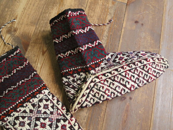 アンティーク・手編みウール靴下/バクティアリ族ココアブラウン＆アイボリー／伝統柄／25cm