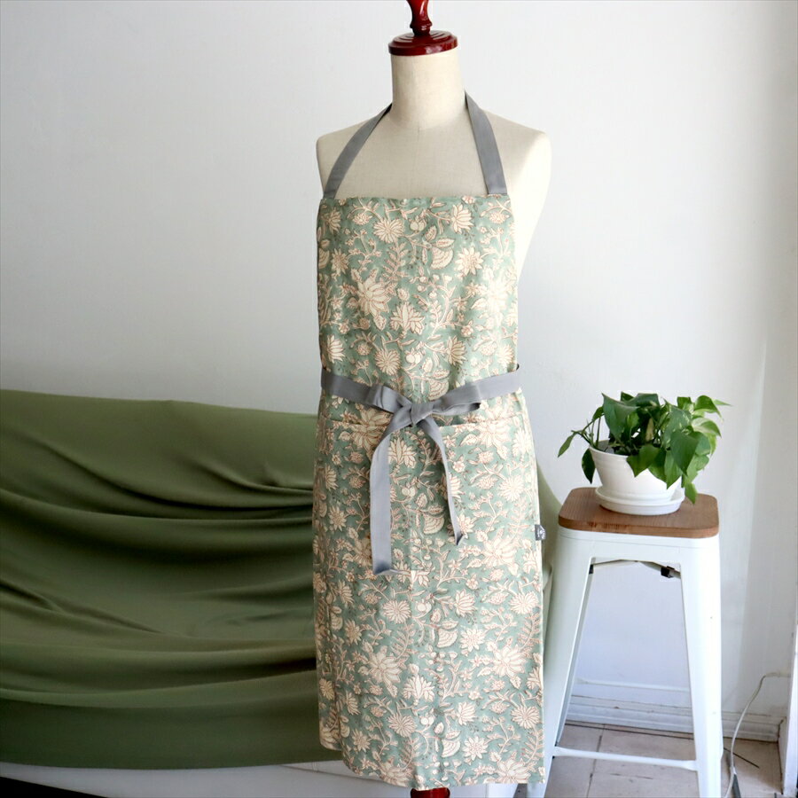 コットンエプロン 木版ブロックプリントインド更紗　セージグリーン