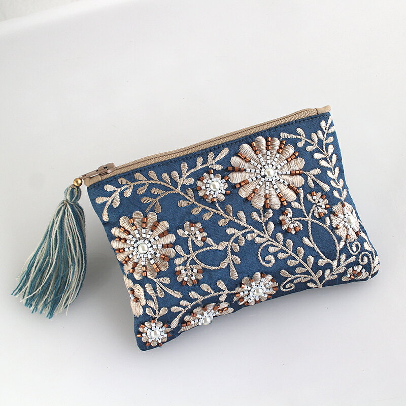 花柄刺繍＆ビーズ装飾ポーチ タッセル付き ブルー　シルバー 小物入れ コスメポー...