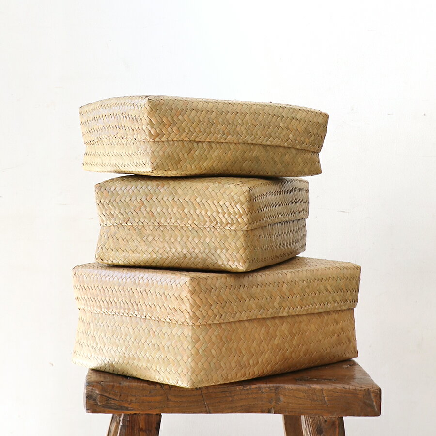 かごバスケット・タイ製　ナチュラルカラー　カチュー水草　ふた付レクタングル収納ボックス　3点セッ..