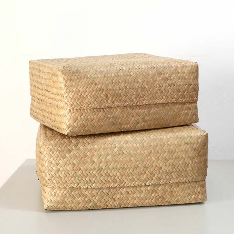 Rakuten - かごバスケット 2点セット M＆Lサイズ 入れ子 タイ製　カチュー水草　ふた付 レクタングル 収納ボックス　Basket Asian straw basket, Thailand