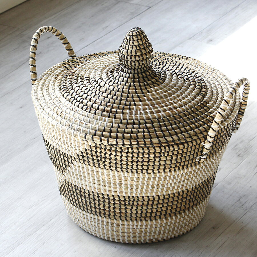 シーグラスバスケット ふた付き 手付き 直径41cm Seagrass basket Cylindrical