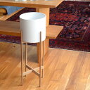 セラミック鉢カバー・木製スタンド付き/プランターカバー　H69cm　白い陶器の植木鉢