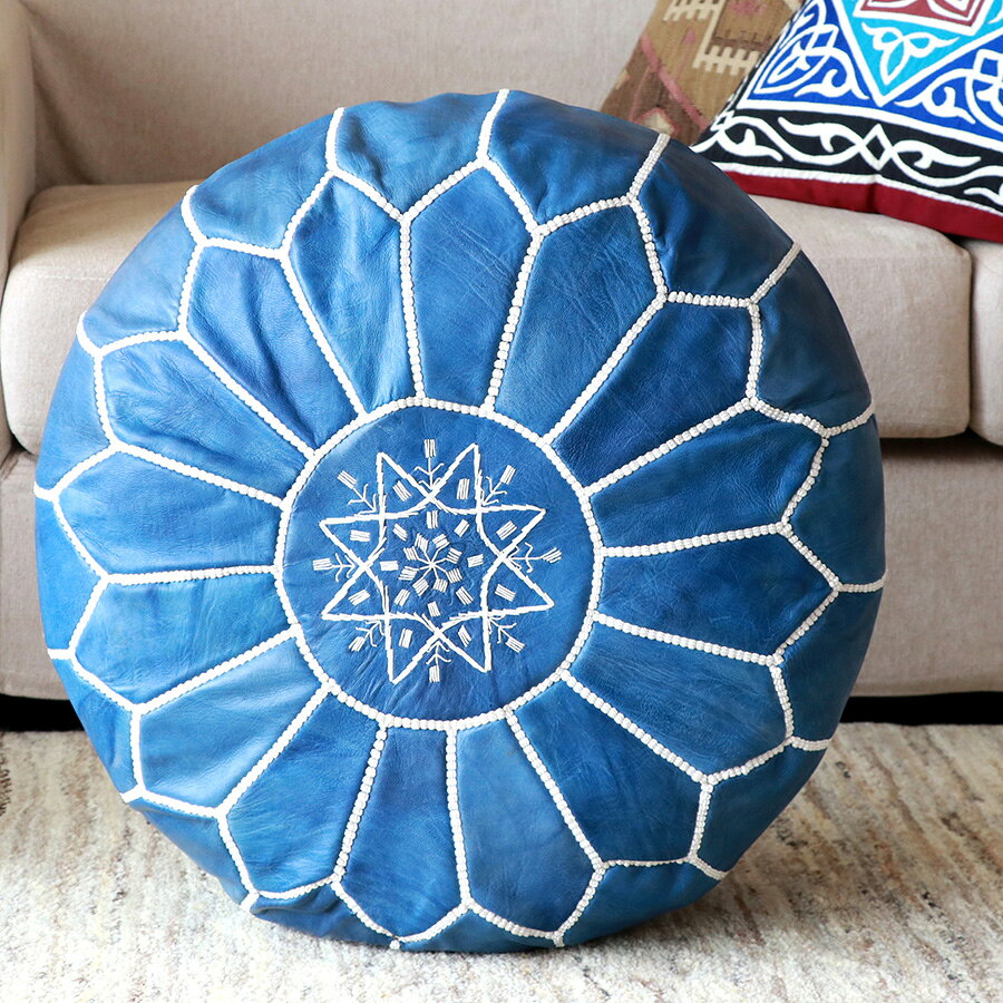 Moroccan POUF Blueモロッコ プフφ50cm 山羊革 ブルー オットマンスツール 動画あり [2]