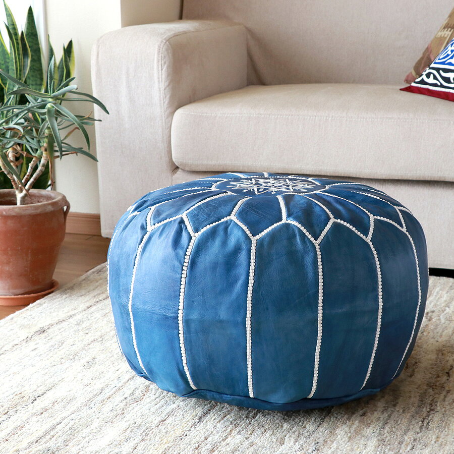 Moroccan POUF Blueモロッコ プフφ50cm 山羊革 ブルー オットマンスツール 動画あり [3]