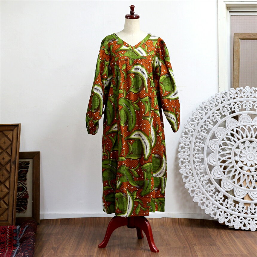 アフリカンプリント・コットンギャザーワンピースオレンジ ポケットあり