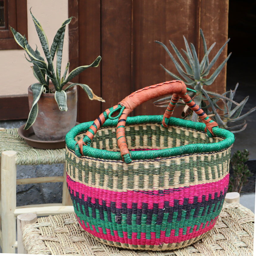 アフリカンバスケット 特大 直径40cm ブルキナバスケット 羊革の持ち手 【現品お届け】