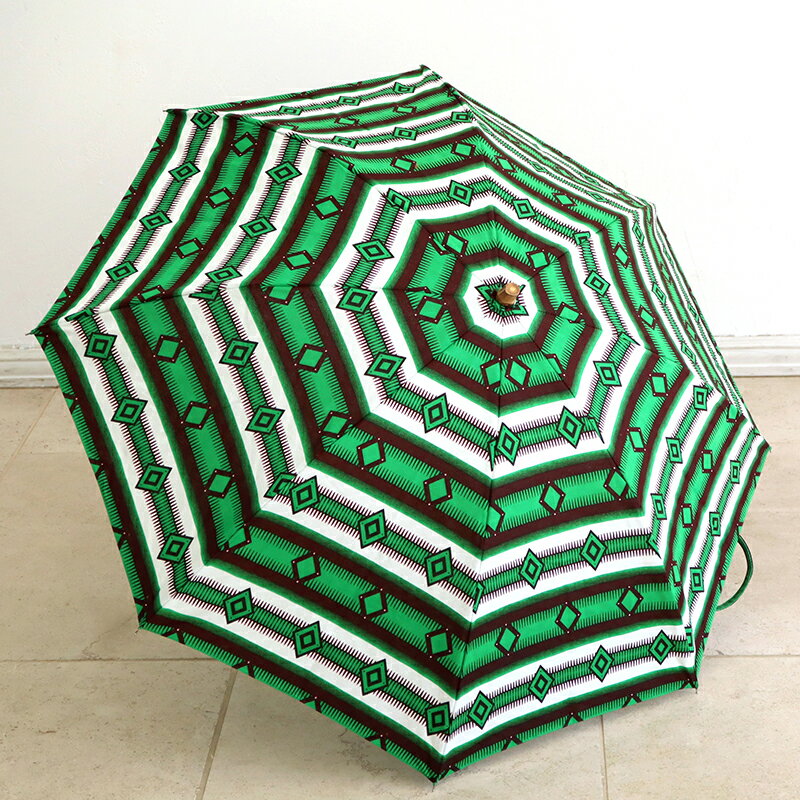 パーニュ 西アフリカのプリント布をつかった折りたたみ傘 Pagne/West African Fabric ひし形 グリーンのボーダー
