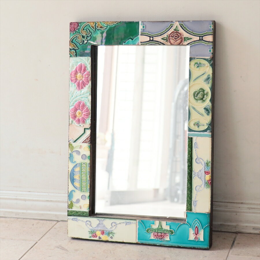マジョリカタイルミラー長方形 W46×H30.5cm majolica tile mirror ヴィンテージタイル 一点もの現品