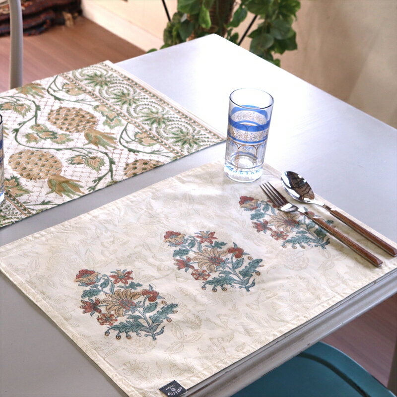 木版ブロックプリント コットンのランチョンマット/両面違うデザインレッド