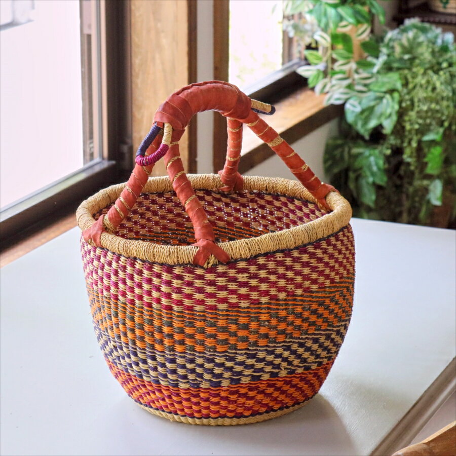 Other - ブルキナバスケット 直径31cm羊革の持ち手 カラフルストライプ 【現品】