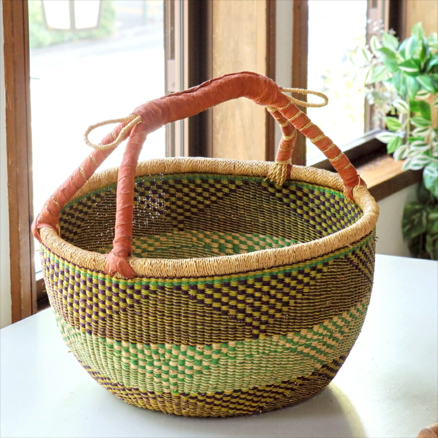 Laundry Storage - アフリカンバスケット 特大 直径41cm ブルキナバスケット 羊革の持ち手 【現品お届け】