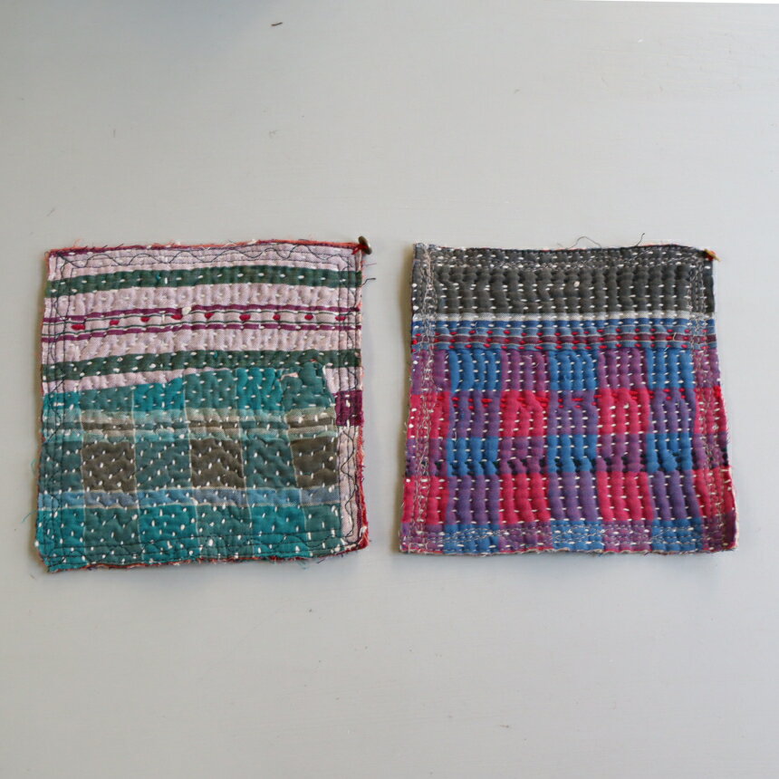コースター12cm 2枚組　カンタ刺繍 インド刺し子ヴィンテージカンタ