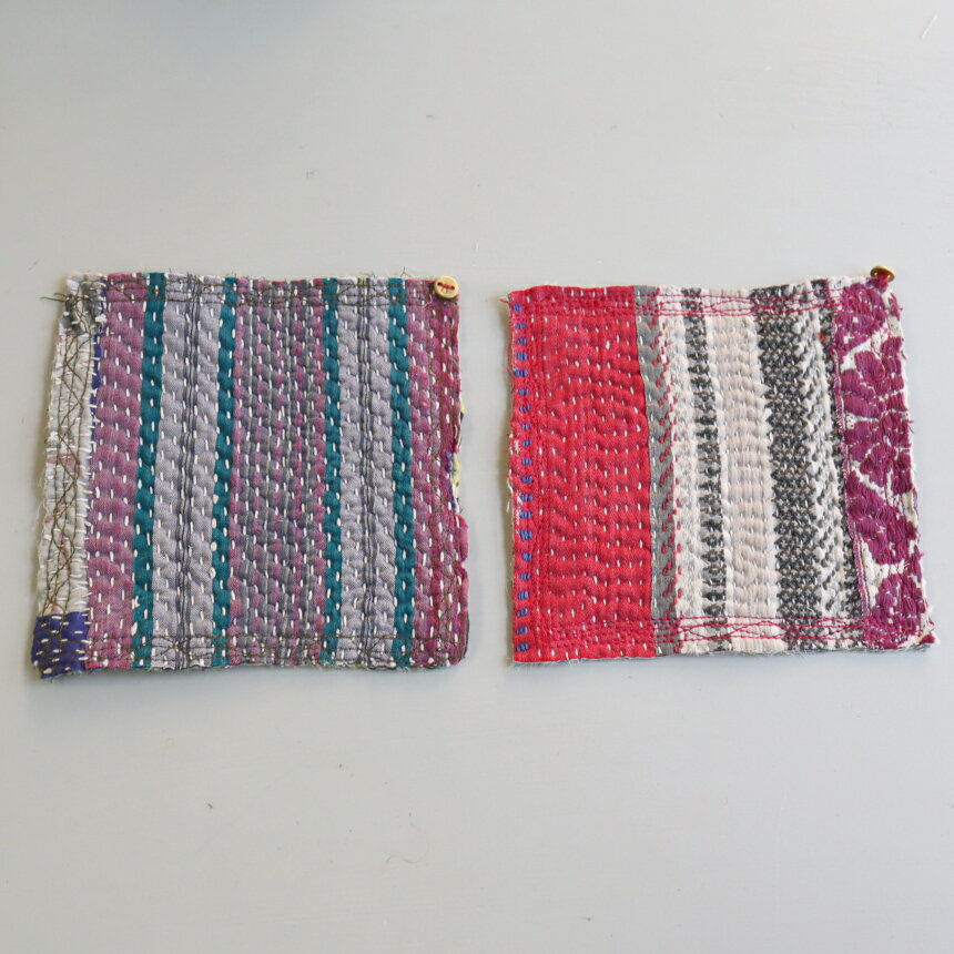 Rakuten - コースター12cm 2枚組　カンタ刺繍 インド刺し子ヴィンテージカンタ
