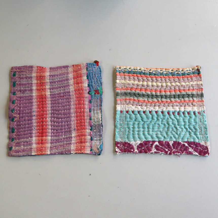 Cotton - コースター12cm 2枚組　カンタ刺繍 インド刺し子ヴィンテージカンタ